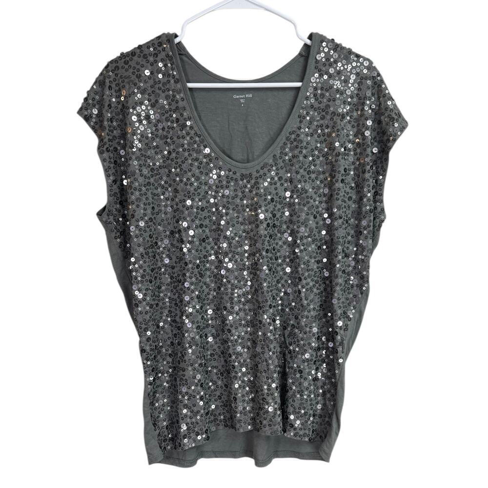 Garnet Hill Gray Sequined Front Top Small Scoop Neck